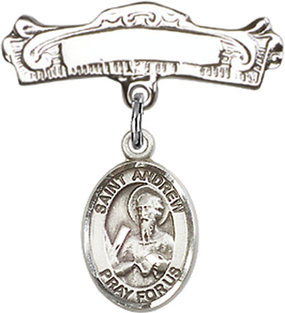 Personalized Baby Badge - Engraved Badge Pin with St. Andrew the Apostle Charm