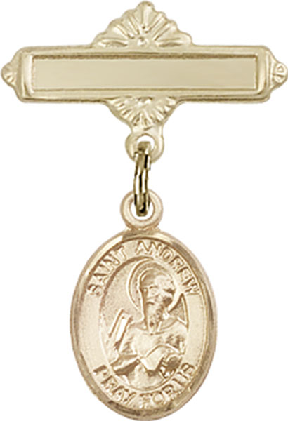 Personalized Baby Badge - Engraved Badge Pin with St. Andrew the Apostle Charm
