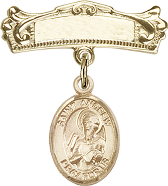 Personalized Baby Badge - Engraved Badge Pin with St. Andrew the Apostle Charm
