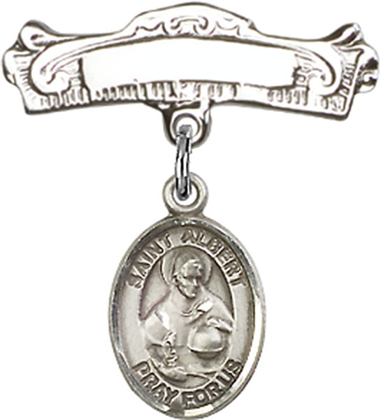 Personalized Baby Badge - Engraved Badge Pin with St. Albert the Great Charm
