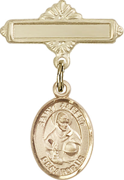 Personalized Baby Badge - Engraved Badge Pin with St. Albert the Great Charm
