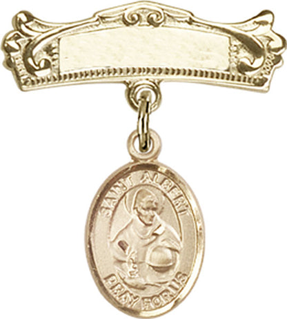 Personalized Baby Badge - Engraved Badge Pin with St. Albert the Great Charm
