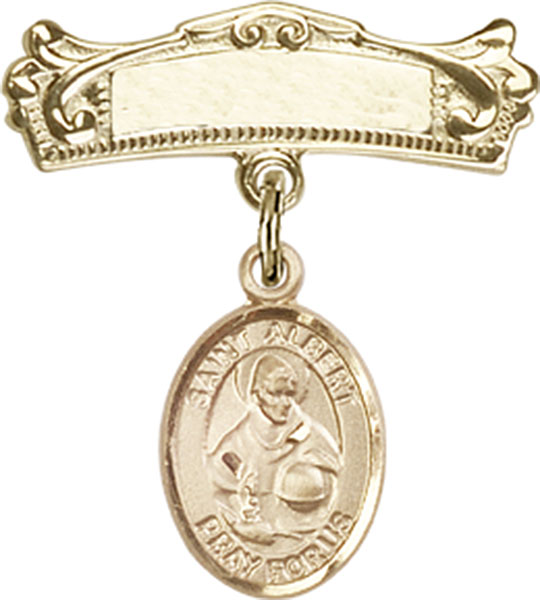 Personalized Baby Badge - Engraved Badge Pin with St. Albert the Great Charm