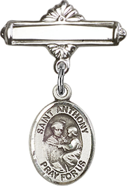 Personalized Baby Badge - Engraved Badge Pin with St. Anthony of Padua Charm