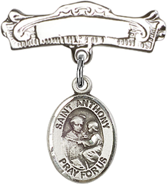 Personalized Baby Badge - Engraved Badge Pin with St. Anthony of Padua Charm