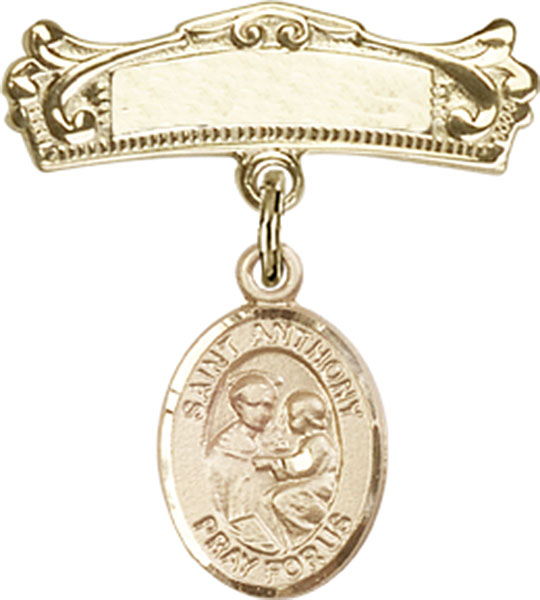 Personalized Baby Badge - Engraved Badge Pin with St. Anthony of Padua Charm