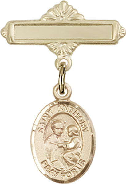 Personalized Baby Badge - Engraved Badge Pin with St. Anthony of Padua Charm