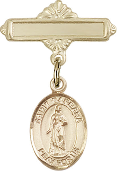 Personalized Baby Badge - Engraved Badge Pin with St. Barbara Charm