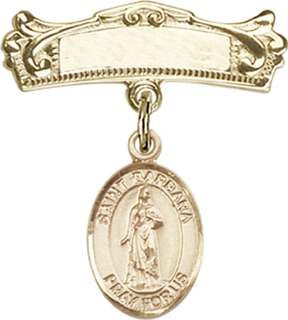 Personalized Baby Badge - Engraved Badge Pin with St. Barbara Charm