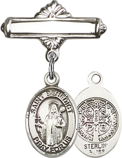 Personalized Baby Badge - Engraved Badge Pin with St. Benedict Charm