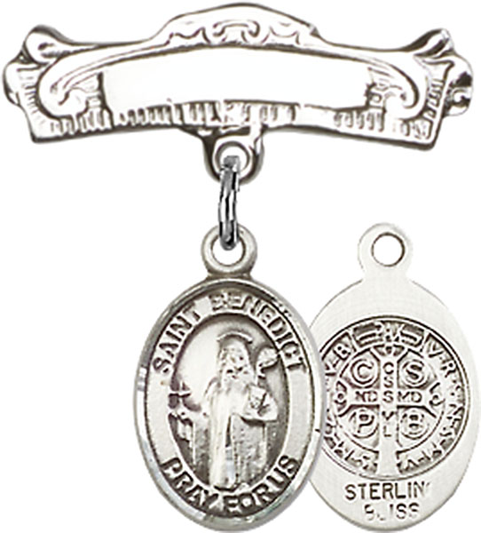 Personalized Baby Badge - Engraved Badge Pin with St. Benedict Charm
