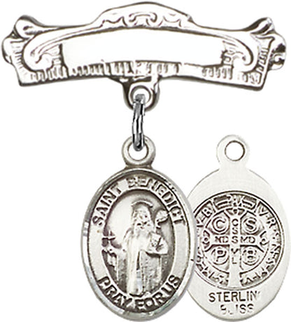 Personalized Baby Badge - Engraved Badge Pin with St. Benedict Charm