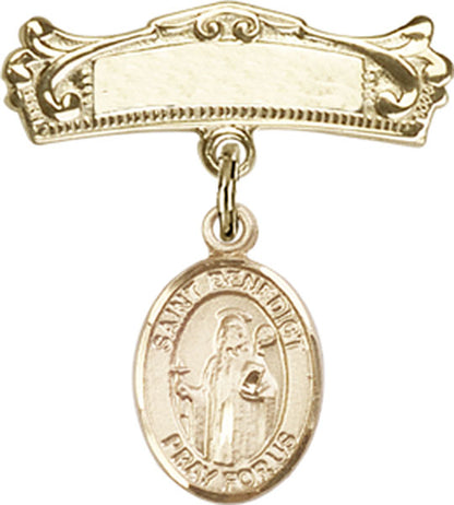 Personalized Baby Badge - Engraved Badge Pin with St. Benedict Charm