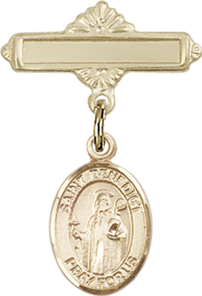 Personalized Baby Badge - Engraved Badge Pin with St. Benedict Charm