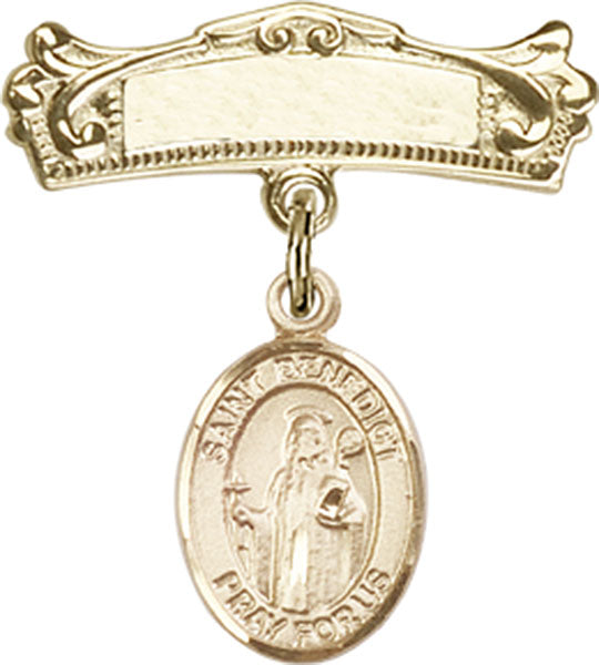 Personalized Baby Badge - Engraved Badge Pin with St. Benedict Charm