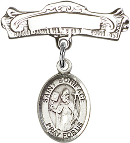 Personalized Baby Badge - Engraved Badge Pin with St. Boniface Charm