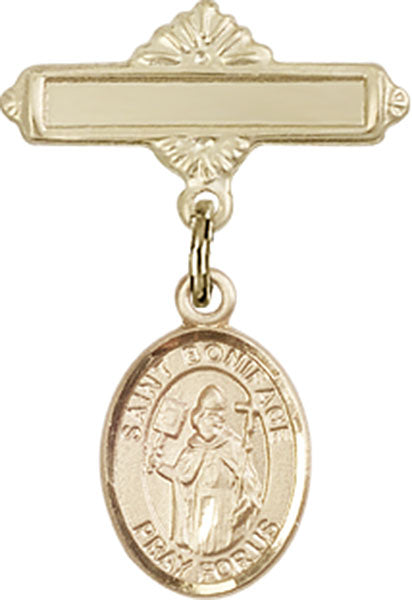 Personalized Baby Badge - Engraved Badge Pin with St. Boniface Charm