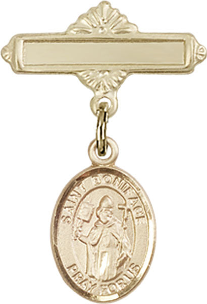 Personalized Baby Badge - Engraved Badge Pin with St. Boniface Charm