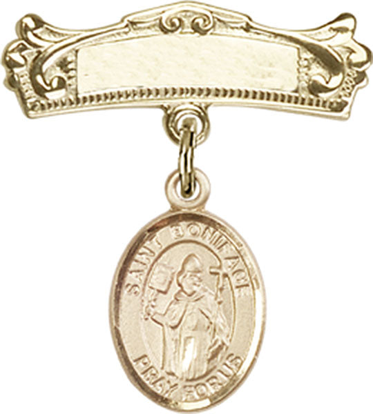 Personalized Baby Badge - Engraved Badge Pin with St. Boniface Charm
