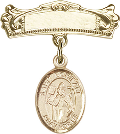 Personalized Baby Badge - Engraved Badge Pin with St. Boniface Charm