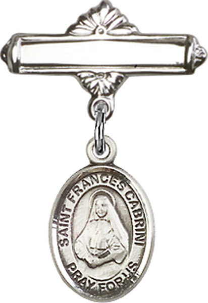Personalized Baby Badge - Engraved Badge Pin with St. Frances Cabrini Charm
