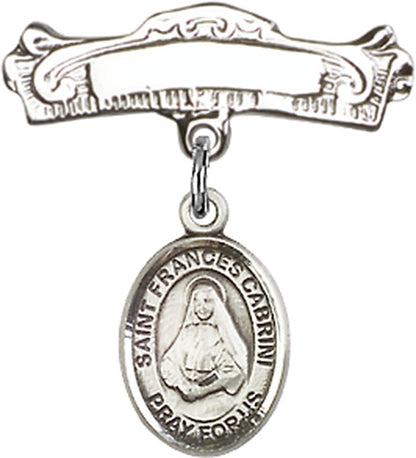 Personalized Baby Badge - Engraved Badge Pin with St. Frances Cabrini Charm