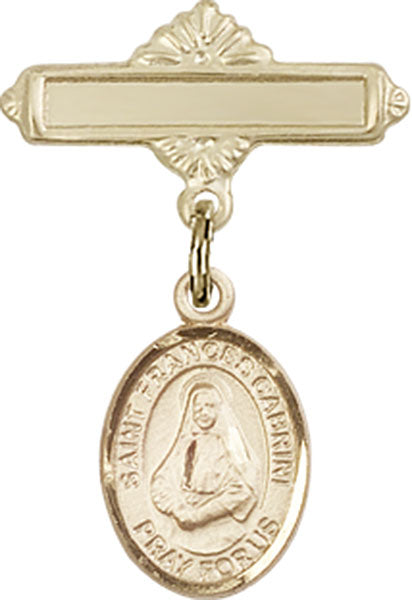 Personalized Baby Badge - Engraved Badge Pin with St. Frances Cabrini Charm
