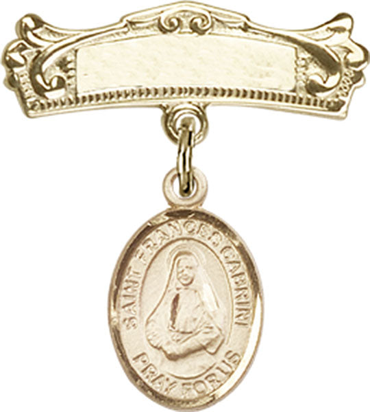 Personalized Baby Badge - Engraved Badge Pin with St. Frances Cabrini Charm
