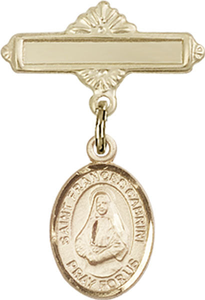 Personalized Baby Badge - Engraved Badge Pin with St. Frances Cabrini Charm