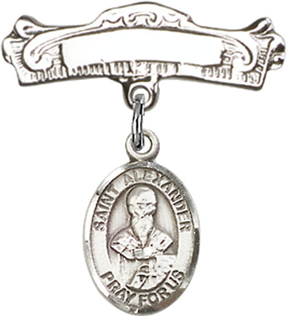 Personalized Baby Badge - Engraved Badge Pin with St. Alexander Constantinople Charm