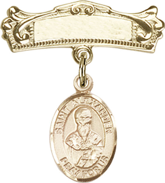 Personalized Baby Badge - Engraved Badge Pin with St. Alexander Constantinople Charm