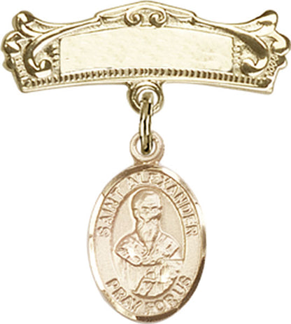 Personalized Baby Badge - Engraved Badge Pin with St. Alexander Constantinople Charm