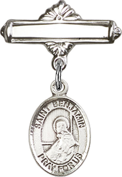 Personalized Baby Badge - Engraved Badge Pin with St. Benjamin Charm