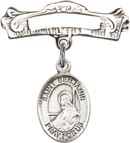 Personalized Baby Badge - Engraved Badge Pin with St. Benjamin Charm