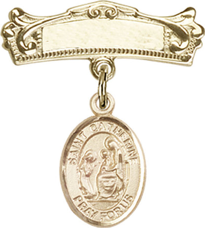 Personalized Baby Badge - Engraved Badge Pin with St. Catherine of Siena Charm