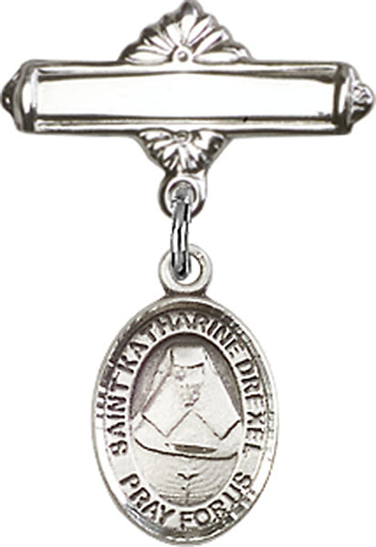 Personalized Baby Badge - Engraved Badge Pin with St. Katharine Drexel Charm