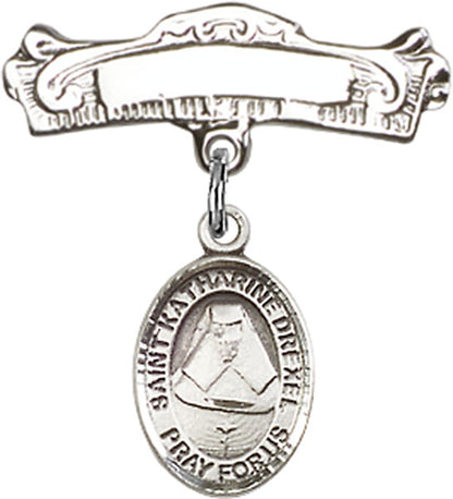 Personalized Baby Badge - Engraved Badge Pin with St. Katharine Drexel Charm