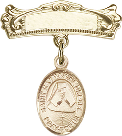 Personalized Baby Badge - Engraved Badge Pin with St. Katharine Drexel Charm