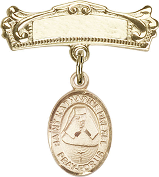 Personalized Baby Badge - Engraved Badge Pin with St. Katharine Drexel Charm