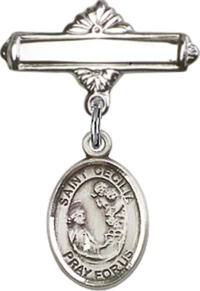Personalized Baby Badge - Engraved Badge Pin with St. Cecilia Charm
