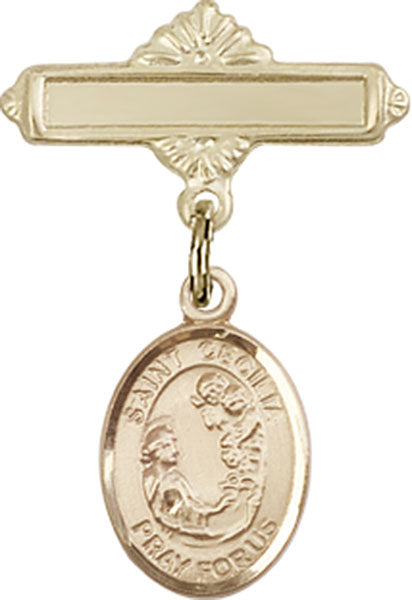 Personalized Baby Badge - Engraved Badge Pin with St. Cecilia Charm