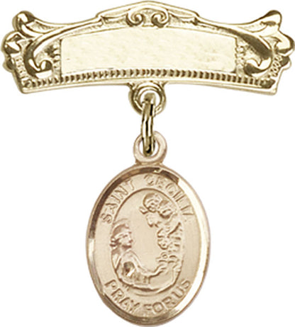 Personalized Baby Badge - Engraved Badge Pin with St. Cecilia Charm