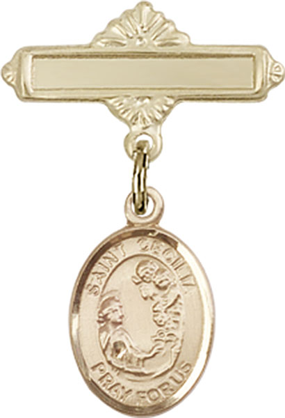 Personalized Baby Badge - Engraved Badge Pin with St. Cecilia Charm