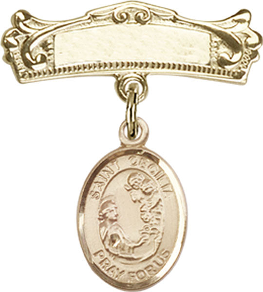 Personalized Baby Badge - Engraved Badge Pin with St. Cecilia Charm