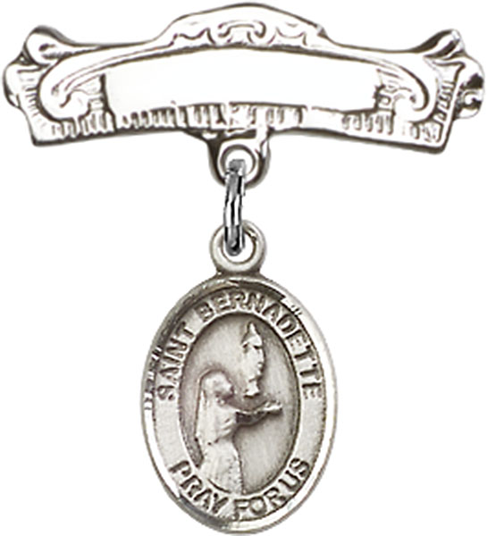 Personalized Baby Badge - Engraved Badge Pin with St. Bernadette Charm
