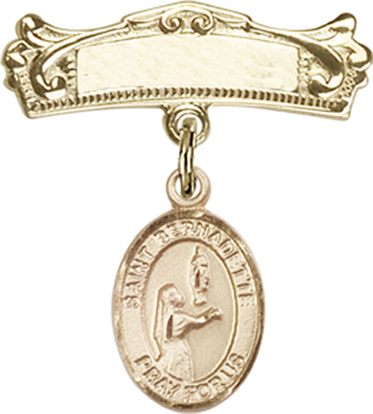 Personalized Baby Badge - Engraved Badge Pin with St. Bernadette Charm