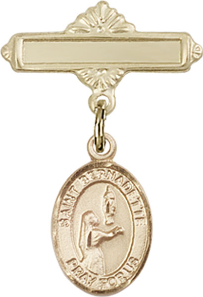 Personalized Baby Badge - Engraved Badge Pin with St. Bernadette Charm