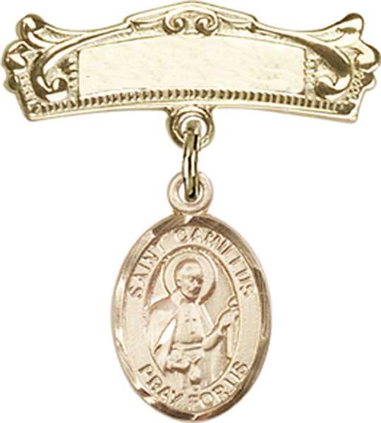 Personalized Baby Badge - Engraved Badge Pin with St. Camillus Charm