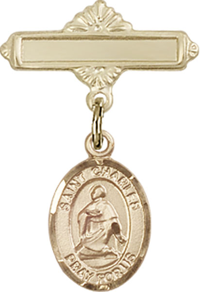 Personalized Baby Badge - Engraved Badge Pin with St. Charles Borromeo Charm