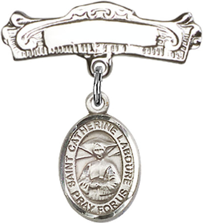 Personalized Baby Badge - Engraved Badge Pin with St. Catherine Laboure Charm